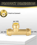 Pack Of 30 Three Quarter Inch Push Fit Slip Tee Fittings With Disconnect Clip For PEX Copper CPVC Pipes, product dimensions