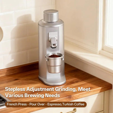 Premium Electric Single Dose Coffee Grinder With 63mm CNC Conical Burrs And Stepless Adjustment Anti Static Ground Collection Bin For Smooth As Silk Espresso And Hit The Spot Pour Over Brewing In Matte Black on countertop with ground coffee.