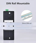 Five-Port Unmanaged Industrial Gigabit Ethernet Switch For DIN Rail Mount shown mounted on 35mm rail, IP30 metal housing, back view