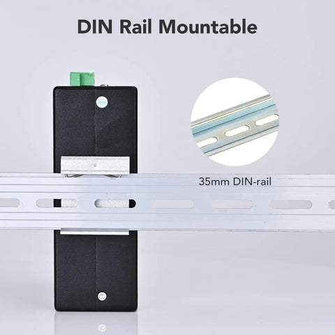 Five-Port Unmanaged Industrial Gigabit Ethernet Switch For DIN Rail Mount shown mounted on 35mm rail, IP30 metal housing, back view
