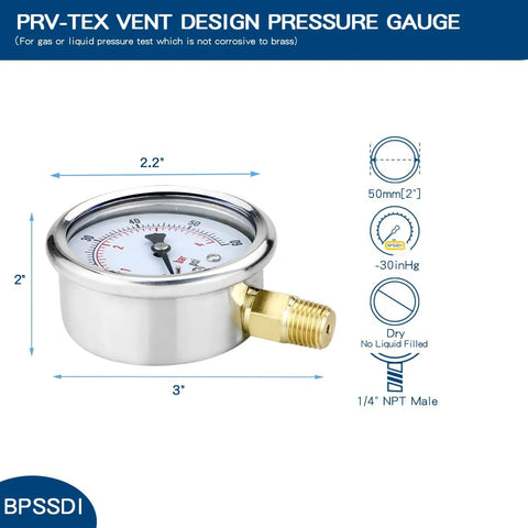 BPSSDI vacuum pressure gauge, 30 inHg, 2.5-inch dial, 1/4 in NPT lower mount, stainless steel case.