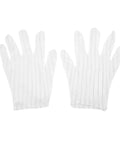 Pair of white striped fabric gloves on plain background