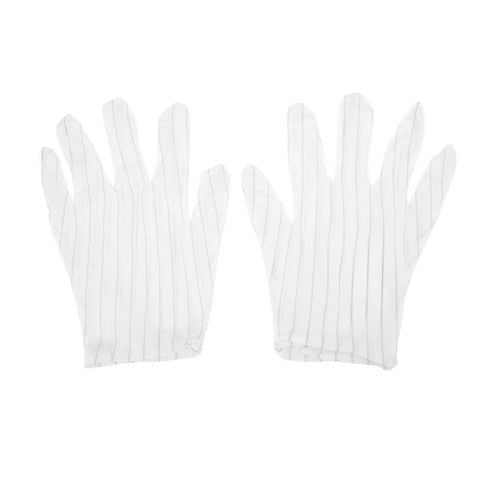 Pair of white striped fabric gloves on plain background