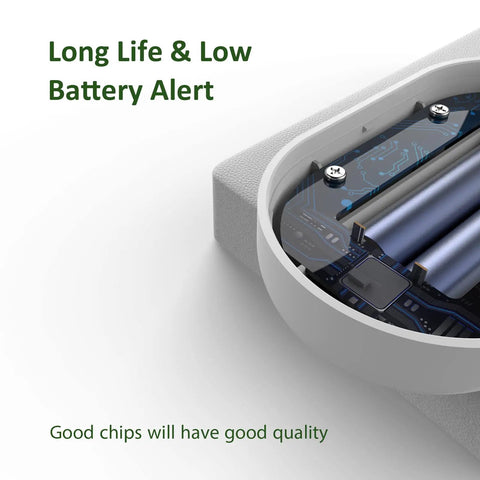 Close-up of Leak Alert Sensor For Home And Basement Water Leak Alarm With Six Probes showing battery compartment.