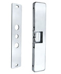 Replacement Electric Strike For 9400 Series Stainless Steel Slim Surface Mounted Switchable Fail Safe Or Fail Secure Works With Rim Exit Devices Up To Half Inch Latchbolt Ideal For Commercial Door Access Control, showing two stainless steel components with cutout sections.