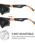 Outdoor Safety Sunglasses For Work And Play With Smoke Lenses, UV 99.9 Percent Protection, Anti Fog And Anti Scratch, Z87.1 Impact Rated, adjustable arms.
