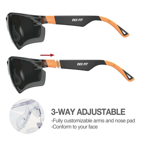 Outdoor Safety Sunglasses For Work And Play With Smoke Lenses, UV 99.9 Percent Protection, Anti Fog And Anti Scratch, Z87.1 Impact Rated, adjustable arms.