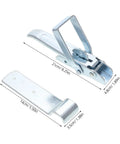 Heavy Duty Trailer Gate Latch Kit With Adjustable Over Center Toggle Latches showing measurements for RV cabinets, caravans, and trailers.