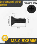 Diagram of Flat Head Nylon Machine Screws M3 0.5x8, black, Phillips drive, showing dimensions, 200 pieces, for electronics and machinery.