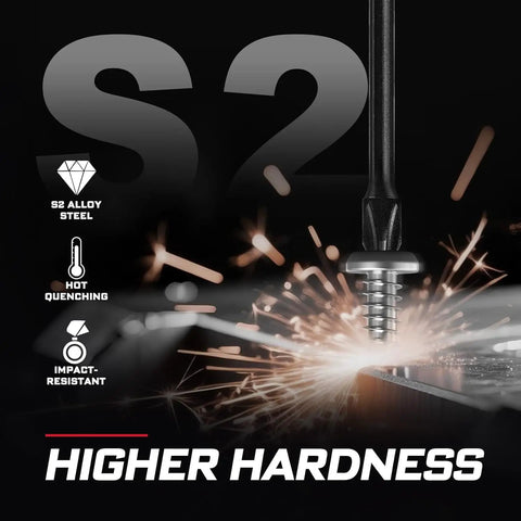 Sick 10 Pack S2 Steel Impact Driver Bit Set With 6 Inch Long Bits For Heavy Duty Drilling And Fastening Work, Comes In Handy Storage Tray With Phillips Torx Square And Hex Head Bits To Keep Your Garage Organized Today. S2 steel impact bit close-up