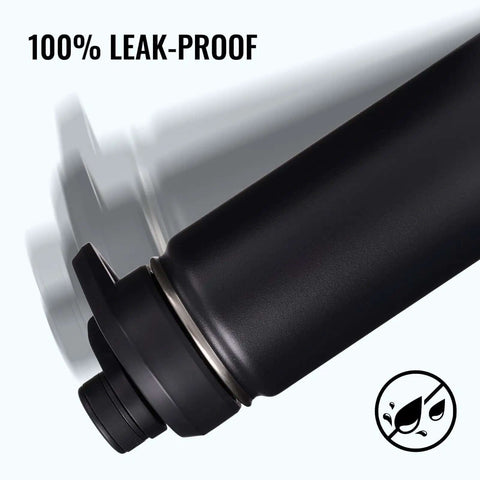 Close-up of black 24 Oz Insulated Water Bottle With Handle, 304 Stainless Steel, Wide Mouth, Double Wall Vacuum, BPA Free, 100% leak-proof