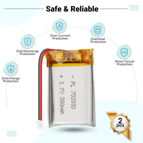 Pocket Friendly 3.7V 380mAh LiPo Battery Pack With PCM Protection Micro JST 1.25mm 2 Pin Connector For ESP32 Arduino NodeMCU RC Drones Dual Pack Portable Power For DIY Projects, highlighting safety features