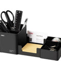 Desk Organizer With Pencil Holder And Sticky Note Tray Plastic Desktop Caddy For Office Supplies Six Compartments Black Finish Keeps Pens Pencils Clips Notes And Tools Neat On Your Desk