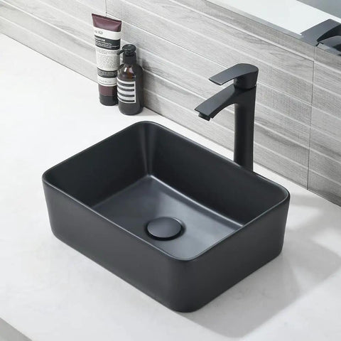 Matte Black Vessel Sink And Faucet Combo For Bathroom Above Counter Rectangular Ceramic Sink With Matte Black Faucet