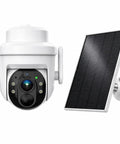 Slick Solar Powered Outdoor Wireless Security Camera Capturing Crisp 3MP HD Video with solar panel, white housing, andnight vision.