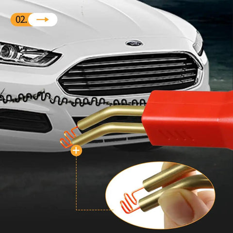 Close-up of Dope Plastic Welding Kit For Car Bumpers with staple on a damaged bumper, showing repair process.
