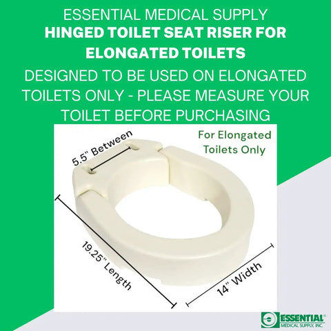 Hinged Toilet Seat Riser for Standard Toilets with 3.5 Inch Rise, 17.5 Inch By 13.5 Inch Fits Most Standard Bowls, elongated model.