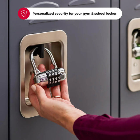 Person sets combination on padlock for gym lockers, Set Your Own Combination Locker Padlock for Gym Lockers and Indoor Valuables, Customizable Dial Code