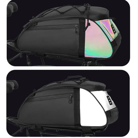 Rear Rack Bike Bag 12L Water-Resistant Trunk Pannier With Reflectors for bikepacking and commuting, mounted on bike frame