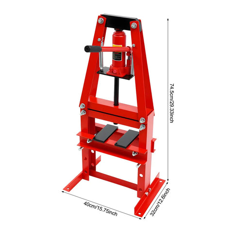 6 Ton Manual Hydraulic Press For Garage And Shop, Bench Top Design, Beefy Build With Ergonomic Handle, Bearings And Bushings Removal, U Joints, Pulleys, Car Repair And Home Workshop Use, red steel frame with 74.5cm height