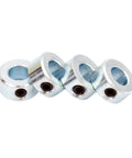Shaft Collars Five Sixteenth Inch Bore Zinc Plated Pro Grade Solid Steel Four Pack With Ten Thirty Two By One Eighth Inch Set Screws Outside Diameter Five Eighth Inch Width Five Sixteenth Inch Heavy Duty Axle Mounting Components, four shown