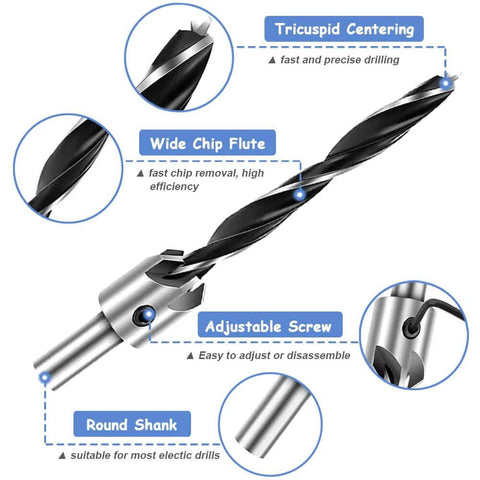 Angled view of 7-piece HSS countersink drill bit set (3–10 mm) with round shank for woodworking chamfering
