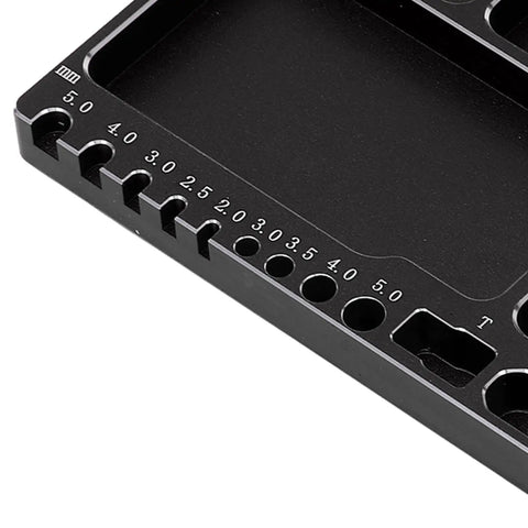 Magnetic RC Parts Tray Portable Aluminum Alloy Repair Tray With Magnetic Screw Holder Plate showing detailed slots and measurements