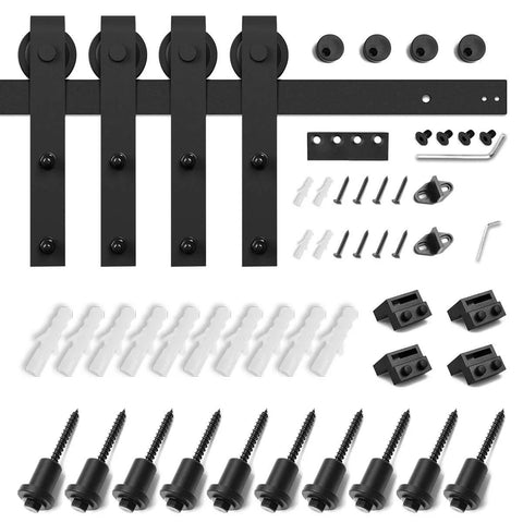13 Ft Double Barn Door Hardware Kit With Silent Sliding Track Easy Install Fits 36 To 40 Inch Doors J Shape Hangers Black Frosted Finish Heavy Duty One Quarter Inch Carbon Steel Rail Two Piece Design For Ultra Smooth Quiet Operation components view