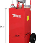 30 Gallon Portable Heavy Duty Gas Caddy With Wheels, Fuel Storage Tank for Gasoline and Diesel, showing dimensions and siphon pump