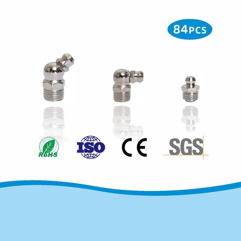 Nifty 84 Piece Metric Grease Fittings Kit With M6 M8 M10 Zerk Fittings, Straight 45 Degree And 90 Degree Nipples, Heavy Duty