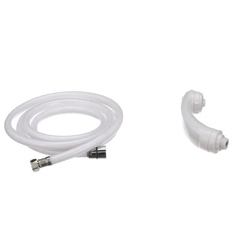 Swim And Rinse Transom Shower With Hot And Cold Water, coiled seven foot hose and white handset on white background