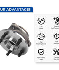 Heavy Duty Wheel Hub Bearing Assembly Ready To Roll For Jeep Cherokee Wrangler Grand Cherokee TJ Comanche Wagoneer 1990 Through 1998 With Smooth Spin Tight Fit And Durable Sealed Bearings For Reliable Street And Trail Performance shown with advantages symbols.