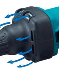 Close-up of exhaust vents on Rugged 3.5 Amp 1/4 Inch Die Grinder, 25000 RPM for improved airflow during metal grinding.