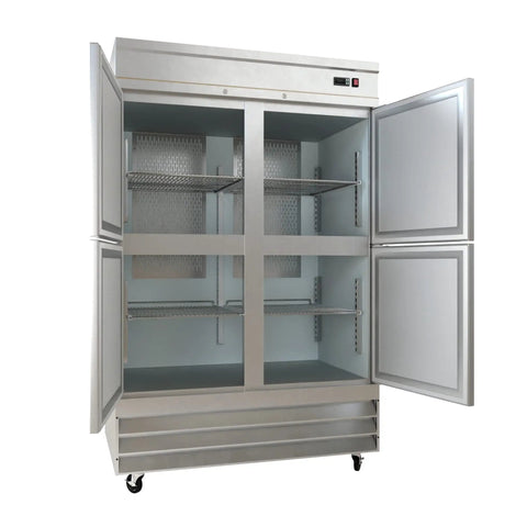 54 Inch 41 Point 3 Cu Ft Commercial Freezer Heavy Duty Four Half Door Stainless Steel Reach In Unit With Six Adjustable Shelves open view