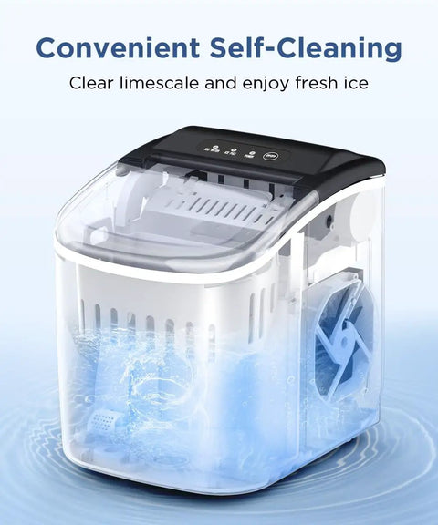 Portable Countertop Ice Maker With No Fuss Self Cleaning unit displaying water flow for easy maintenance.