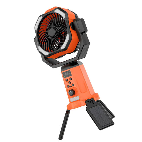 Portable Camping Fan With Built In Power Supply Three Speed Settings Lightweight ABS Plastic Body shown on white background