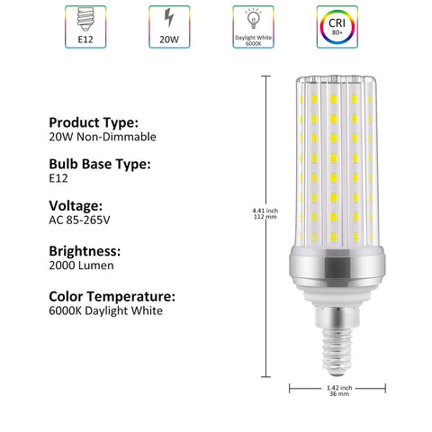 4 Pack E12 LED Bulbs 20W Candelabra Style Light Bulbs 150W Equivalent Daylight White 6000K 2000 Lumens Non Dimmable