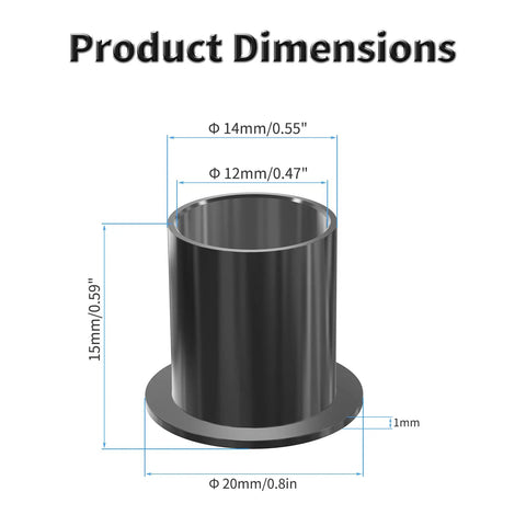 Diagram of Self Lubricating POM Flanged Sleeve Bearings 12mm ID 14mm OD 15mm Length 4 Pc Pack Black Oilless Bushings
