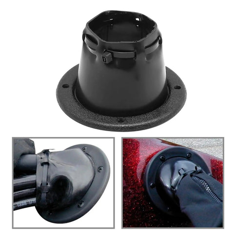 Rugged Dockside Transom Steering Cable Boot Protector with cable tie, rubberized, 4.4-inch diameter for marine rigging, shown in use.