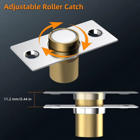 Adjustable roller catch of Magnetic Closet Door Catch 2 Pack, silver finish, showing 11.2 mm height with hidden roller
