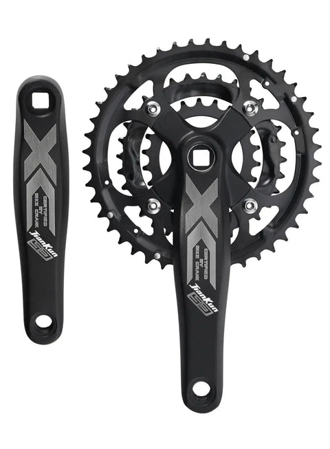 Beefy Three Piece 9 Speed Crankset With 44T 32T 22T Chainrings, 170mm Crank Arms, 104 BCD Square Taper, showing aluminum construction.