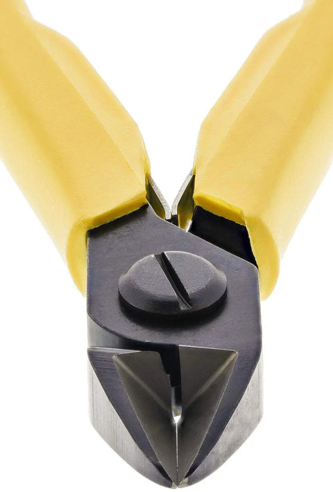 Close-up of Square Cutter With Oval Head Flush 8161 for Precise Clean Cuts in Metal and Wood, showing yellow ergonomic grip handles.