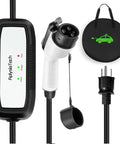 Level One Portable EV Charger 15 Amp 110 Volt With 21 Foot Extension Cord For Easy Home Charging Plug In NEMA 5 15P SAE J1772 Compatible Tesla With Adapter Great For Plug In At Home Or Work shown with cord and adapter bag.