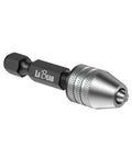 Keyless Mini Drill Chuck Adapter With One Quarter Inch Hex Shank And Quick Swap Rig For Cordless Drivers, silver and black design.