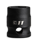 Eleven Millimeter Stubby Impact Socket With Three Eighths Inch Drive Six Point Metric Twenty Percent Shorter For Tight Spots Heat Treated Chrome Molybdenum Steel For High Torque Manganese Phosphate Coated For Extra Durability