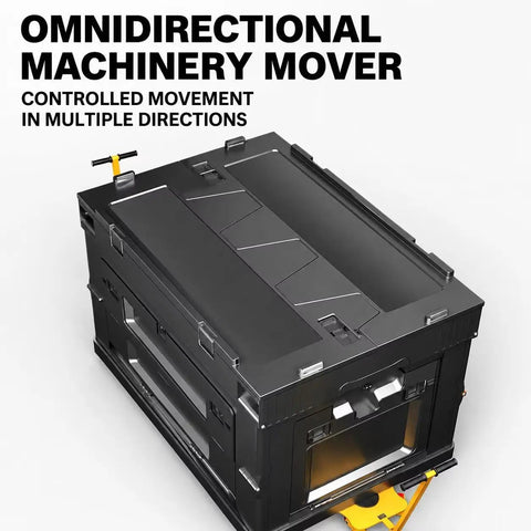 Omnidirectional machinery mover for controlled movement, rugged black design with attachment for heavy duty handling.