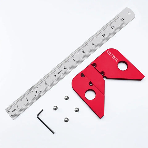 Solid As A Rock Aluminum Circle Center Finder With Forty Five Nine Zero Right Angle Square And Detachable Marking Ruler for layouts and prep.