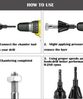 "Two Pack Metal Burr Removal Tool Set With Dual Chamfer Tools For Deburring And Finishing Drill Bits Heavy Duty Carbide Blades For Quick Burr Removal Fits One Eighth Inch To One Inch being demonstrated for use with a drill."