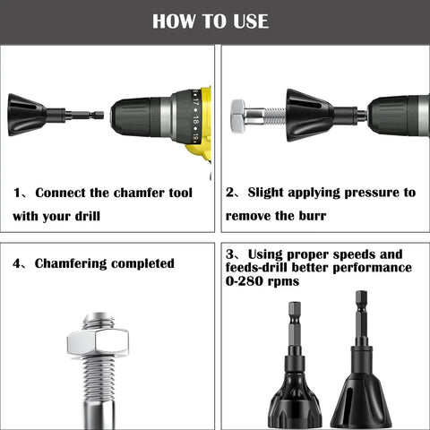 "Two Pack Metal Burr Removal Tool Set With Dual Chamfer Tools For Deburring And Finishing Drill Bits Heavy Duty Carbide Blades For Quick Burr Removal Fits One Eighth Inch To One Inch being demonstrated for use with a drill."