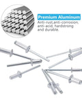 600 Or 1200 Piece Aluminum Pop Rivets Assortment Kit With 14 SAE Sizes Including 3/32 Inch, 1/8 Inch, 5/32 Inch, 3/16 Inch, Reinforced Divider And Labeled Case For Automotive DIY Projects And Repairs, showing premium aluminum rivets